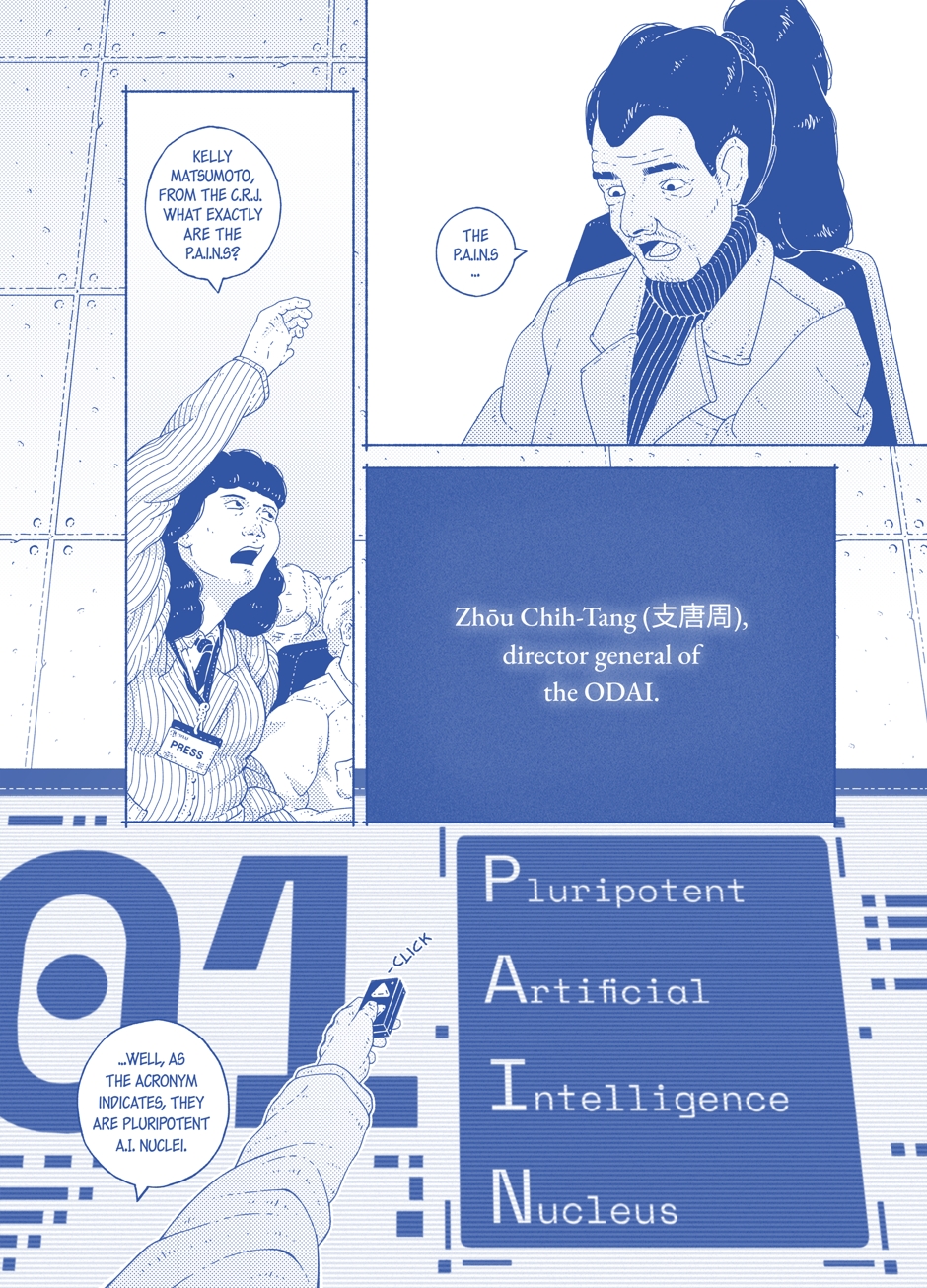 Comic page, done in blue ink. It shows a journalist asking a scientist, named Zhōu Chih-Tang, what the acronym PAIN means. He answers showing a diagram in a screen, which explains that it means pluripotent artificial intelligence nucleus.
